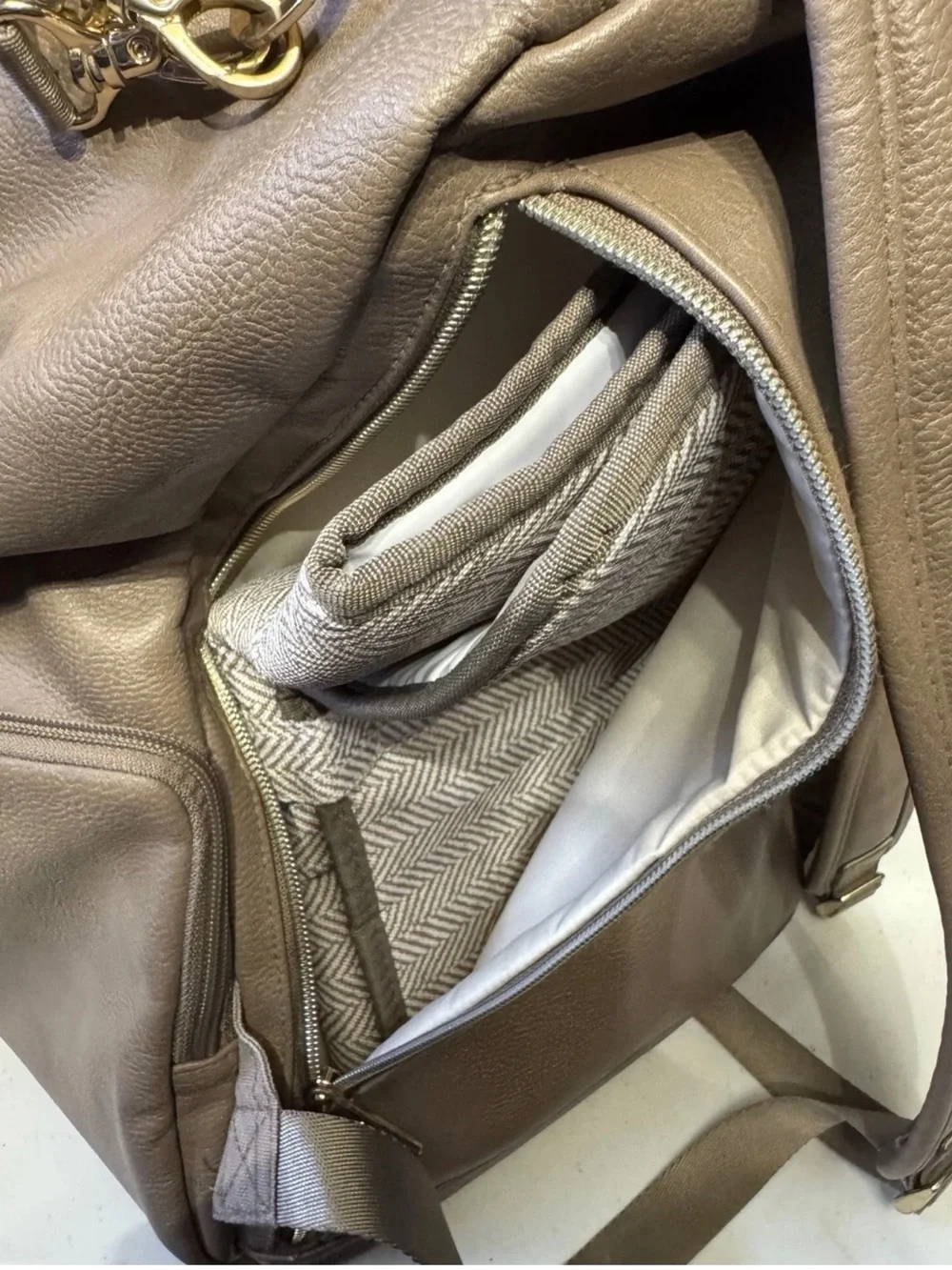Itzy Ritzy Beige & Brown Herringbone Diaper Backpack with Tassel